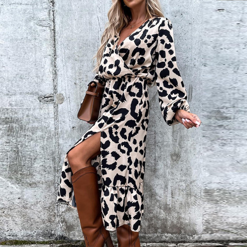 Trendy Long Sleeve Slit Leopard Print Party V Neck Casual Maxi Dress