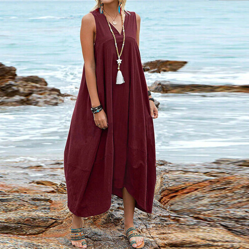 Casual Solid Color Sleeveless V Neck Fashion Loose Backless Chic Maxi Dress