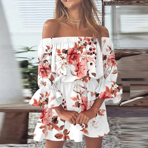 Fashion Print Off Shoulder Bell Sleeve Sexy Casual Mini Dress
