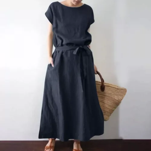 Women's Fashion Loose Elegant Solid Color Sexy Pocket Midi Dress