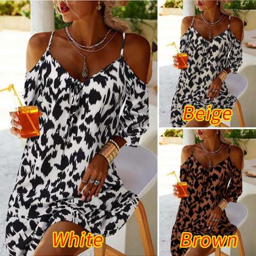 A-Line Holiday Chic Off Shoulder Leopard Boho Beach Mini Dress