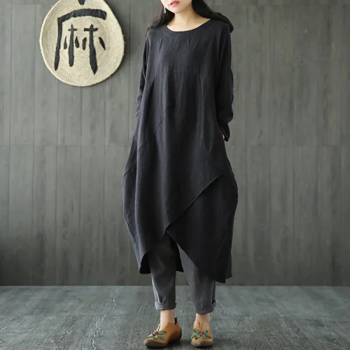 Long-sleeved Irregular Loose Solid Color Retro Casual Party Tunic  Midi Dress