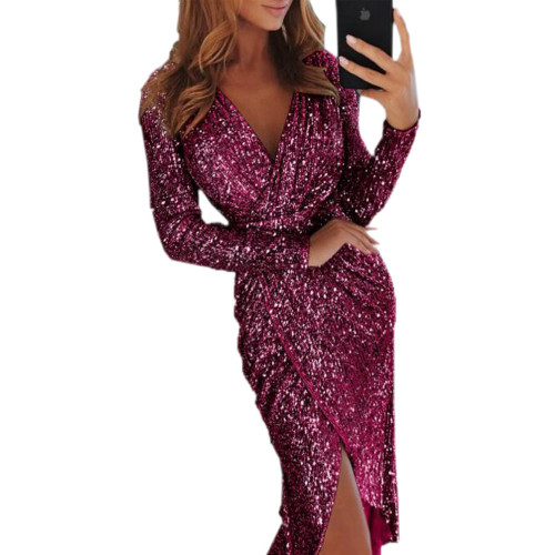 Elegant Sequin Glitter Party Sexy V Neck Slim Fashion  Bodycon Dress