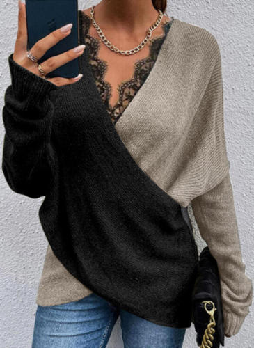 Ladies Casual Lace Color Matching V Neck Long Sleeve Knit V Neck  Sweaters