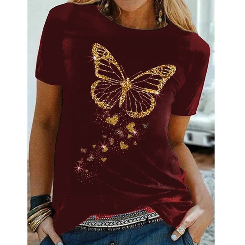 Trendy Gold Butterfly Print O-Neck Oversized T-Shirt