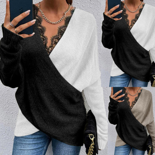 Ladies Casual Lace Color Matching V Neck Long Sleeve Knit V Neck  Sweaters