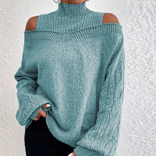 Loose Hollow Solid Color Long Lantern Sleeve Turtleneck Top Sweater