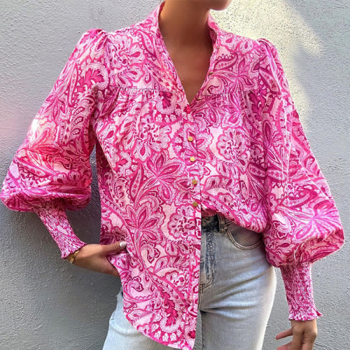 Fashion Women's Printed Loose Lapel Puff Sleeve Button Casual Blouses & Shirts