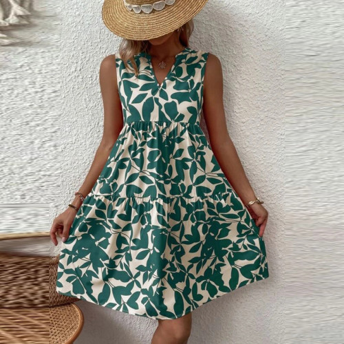 Casual Elegant V Neck Sleeveless Loose Printed Beach Party  Mini Dress