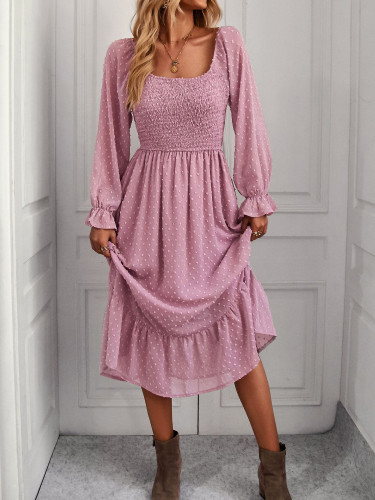 Fashion Ruffle Square Neck Butterfly Sleeves Party Hollow Midi Dress