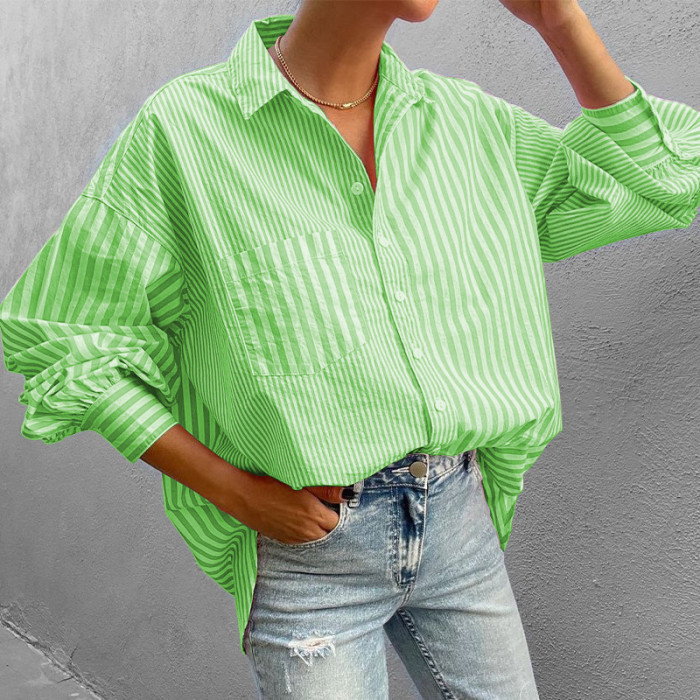 Ladies Top Loose Striped Lapel Casual Blouses & Shirts