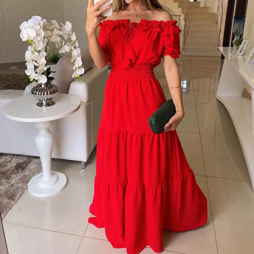 Sexy Holiday Elegant Off Shoulder Pleated Party Fashion A-Line Party Maxi Dress
