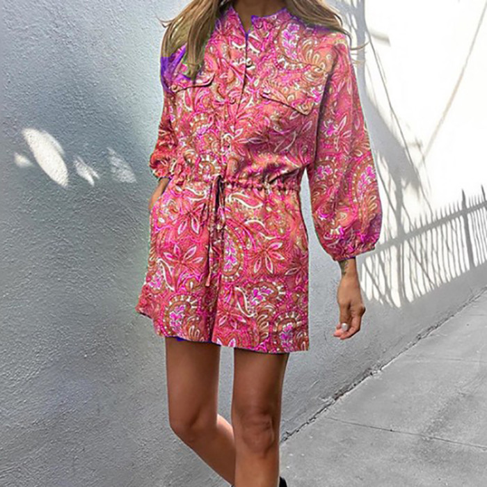 Fashion Casual Printed Long Sleeve Elegant O Neck Loose Rompers