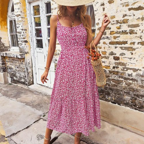 Bohemian Casual Print Lace-Up Holiday A-Line Summer Beach Maxi Dress