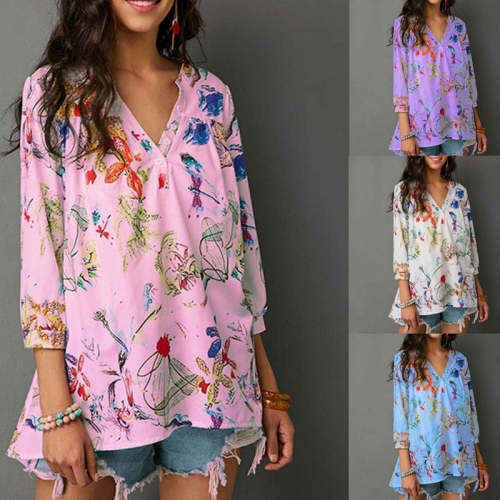 V Neck Button Floral Printed Casual Blouses