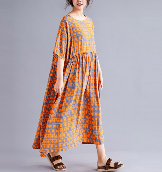 Cotton And Linen Printed Dress With Round Neck And Short Sleeves
