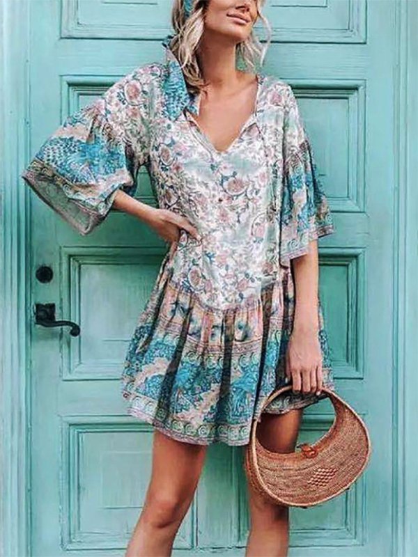 Bohemian Pleated Batwing Sleeve Round Neck Belted Dress