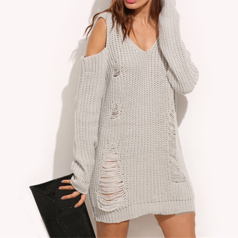 Fringed Hole Leaking Shoulder Top Knit Sweater