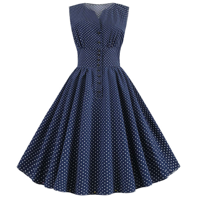 White Polka Dot Dress Women Summer Vintage 50S 60S Pin Up Sleeveless Button A-Line Party Rockabilly Dresses Knee-Length Robe