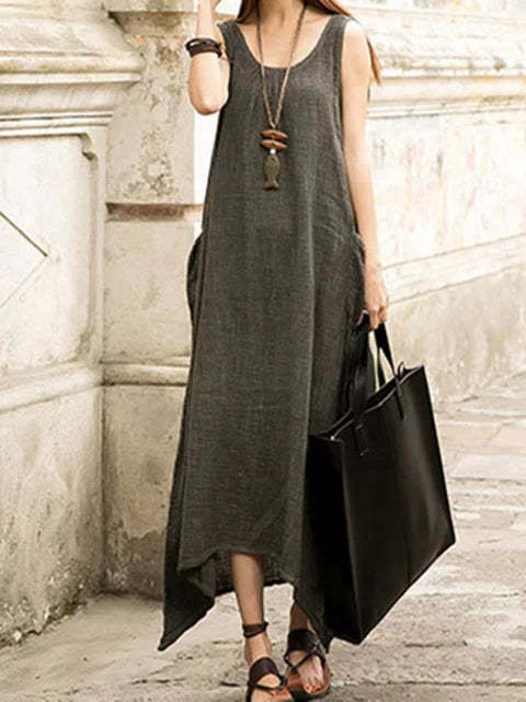 Plus Size Women Daily Cotton Sleeveless Casual Pockets Solid Dress