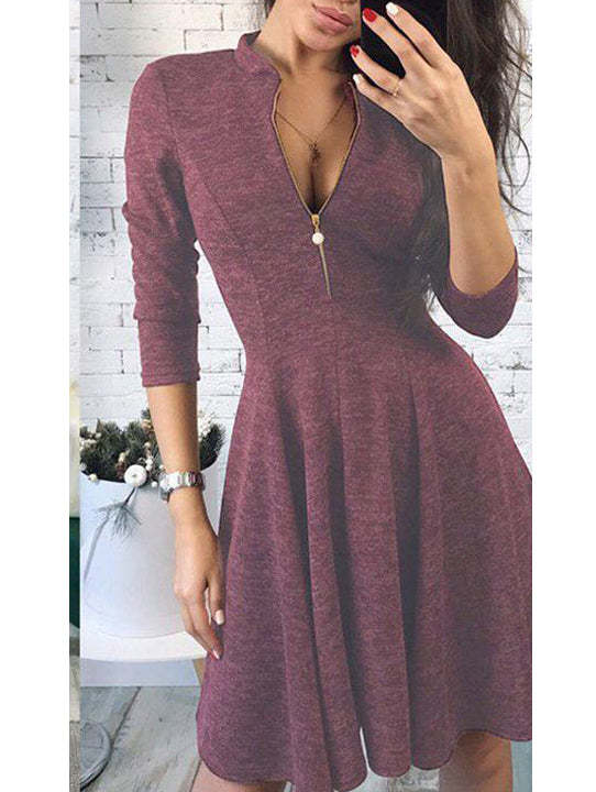Sexy Zippered Small Stand Collar Sleeve Dress