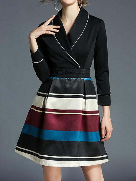 Ladies New Stripe Printing Hit Color Long Dress