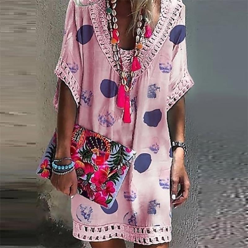 Vacation V Collar Lace Split Joint Printed Loose Dress