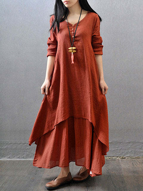 Plus Size V neck Women Long Sleeve Casual Linen Tiered Solid Dress
