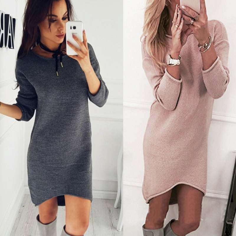 Solid Color Simple Style Slim Oversized Long Sweater Dress