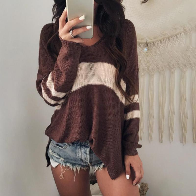 Women Knitted Loose Striped Patchwork Casual V-neck Sweater