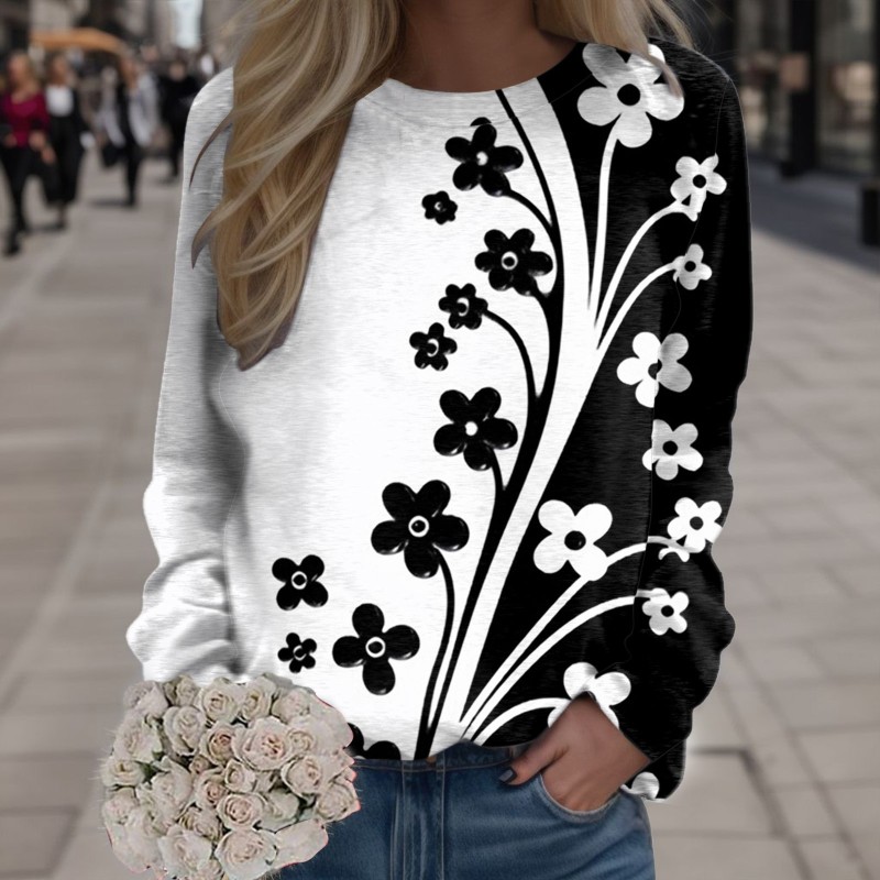 Women Vintage Black White Flower Pattern Long Sleeve Print Loose Sweatshirts