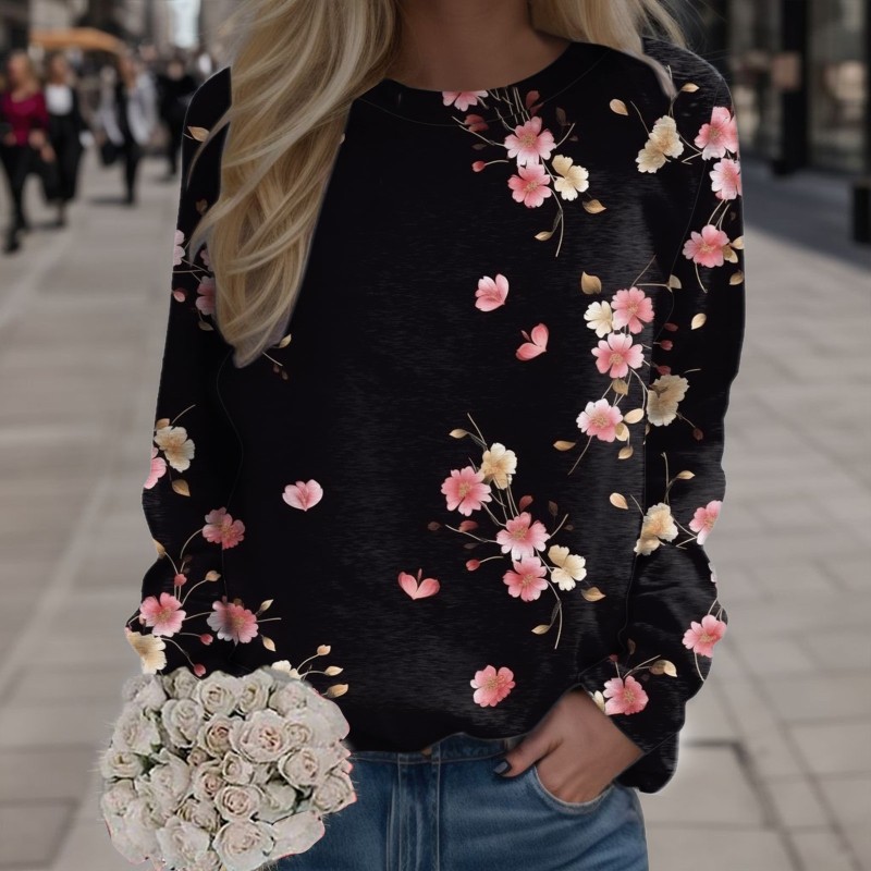 Women Simple O Neck Long Sleeve Casual Loose Floral Printed Sweatshirt