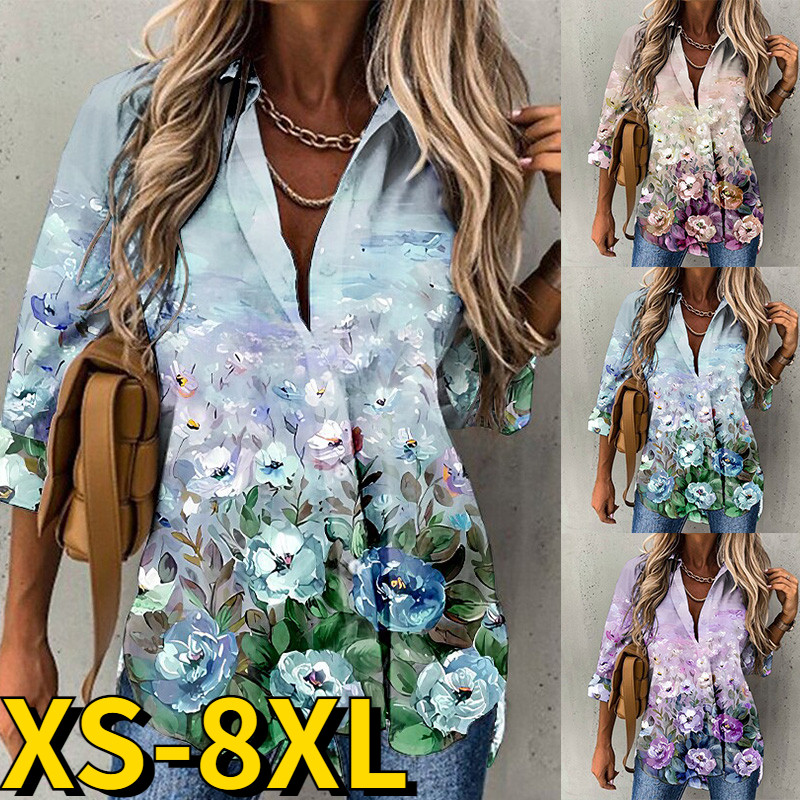 Women Retro Loose Long Sleeve Sexy V-neck Floral Print Button Shirt