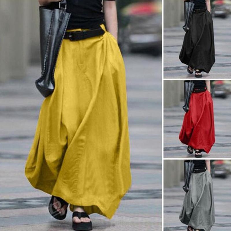 Vintage Women High Waist Solid Cotton Linen A-Line Skirt
