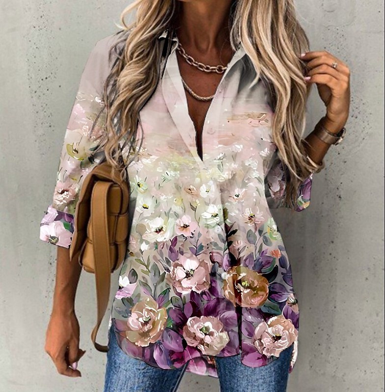 Women Retro Loose Long Sleeve Sexy V-neck Floral Print Button Shirt