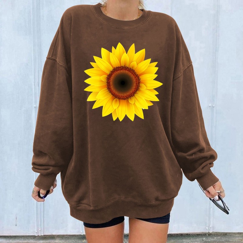 Women Oversize Long Sleeve Sunflower Print Crewneck Sweatshirt