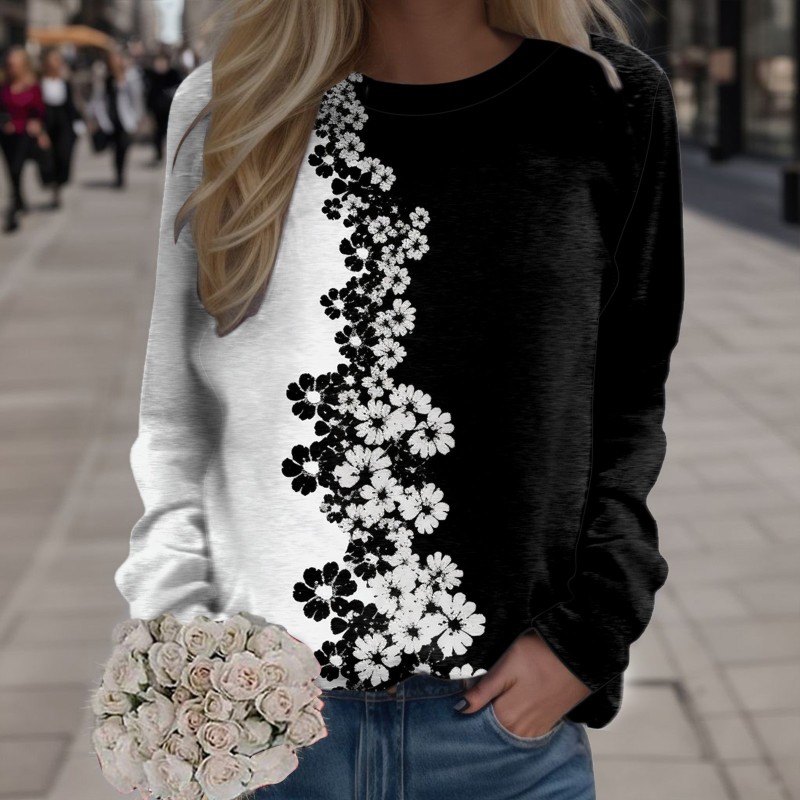 Women Vintage Black White Flower Pattern Long Sleeve Print Loose Sweatshirts