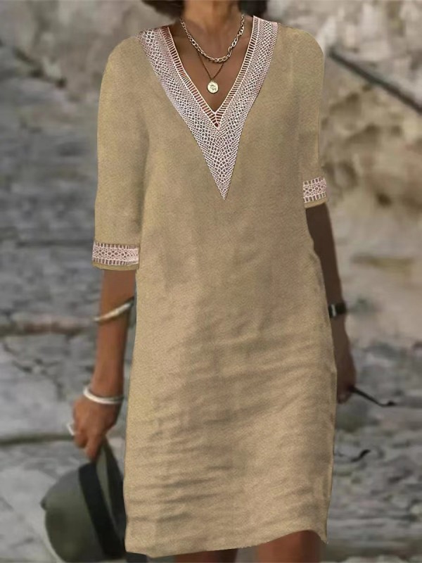 Vintage Solid Color V-neck Cotton Linen Casual Dress