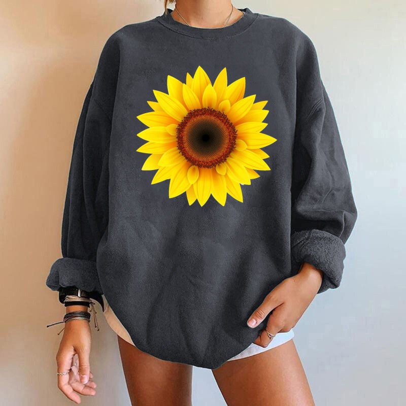 Women Oversize Long Sleeve Sunflower Print Crewneck Sweatshirt