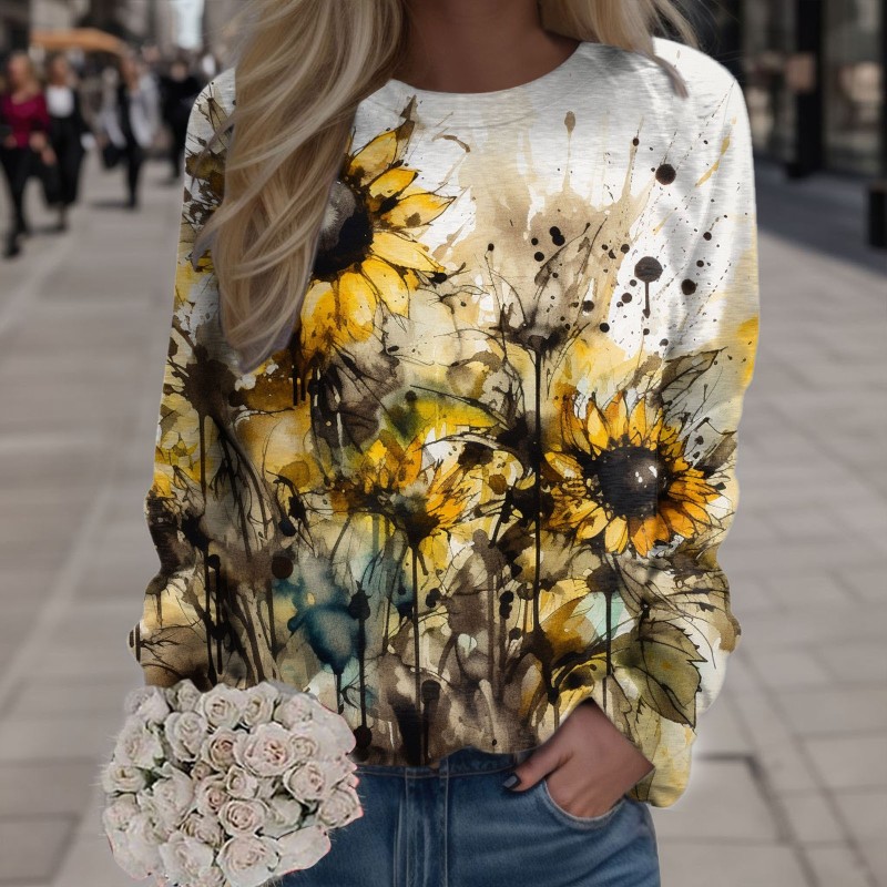 Womens O Neck Loose Sunflower Print Sweatshirt