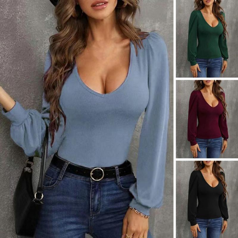 Women Slim Sexy High Elasticity Long Sleeves Solid Color T-Shirt