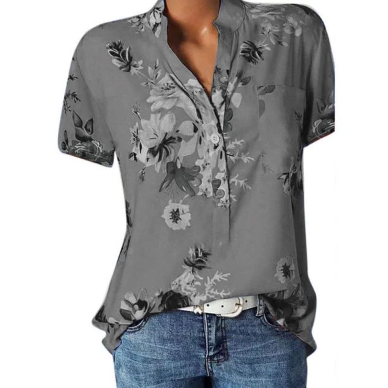 New Casual Shirt V-neck Short Sleeve Print Shirt