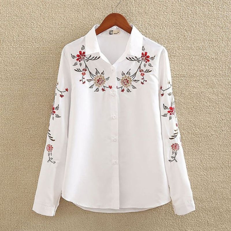Women Fashion Slim White Long Sleeve Embroidery Shirt