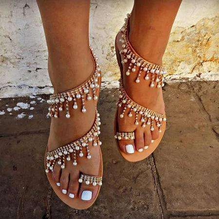 Women Bohemian Style Sandals Casual Beach Pearls Shoes