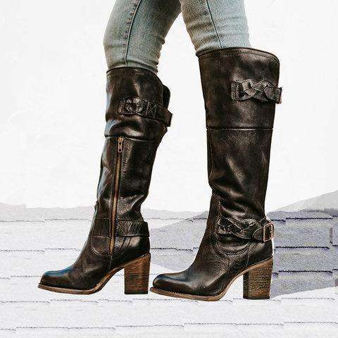 Vintage Braided Strap Boots Chunky Heel Side Zip Boots