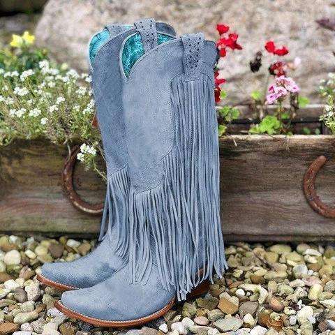 Tassel Artificial Leather Boots Fringe Knee-High Slip-On Boots