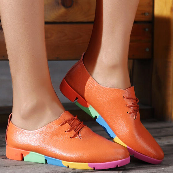Women's Leatherette Flat Heel Flats With Lace-up Splice Color shoes