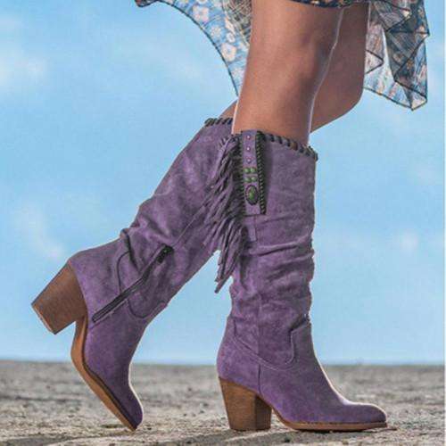 Women's Tassel Mid-Calf Boots Chunky Heel Boots
