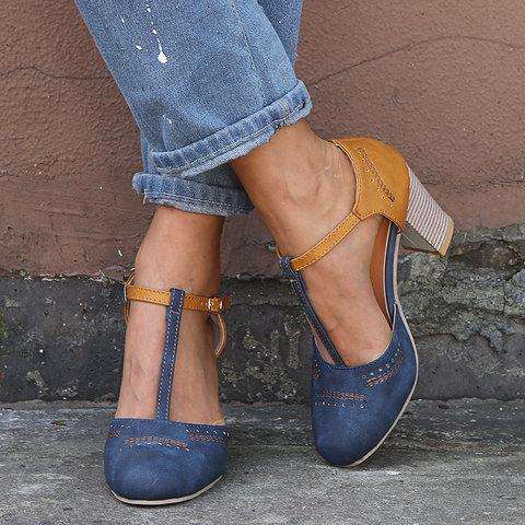 Women Vintage Color Block Sandals Casual Chunky Heel Buckle Sandals Shoes