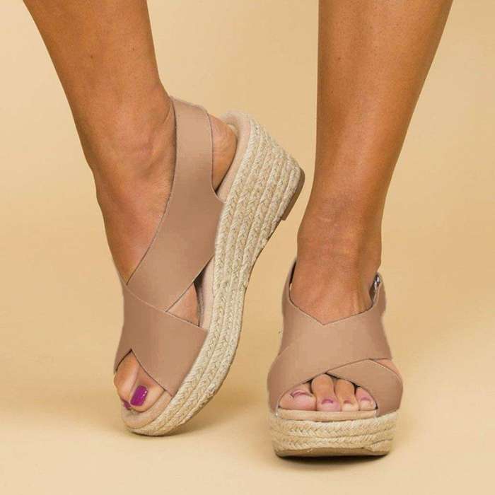 Women Peep Toe Magic Tape Wedges Crossed Sandals